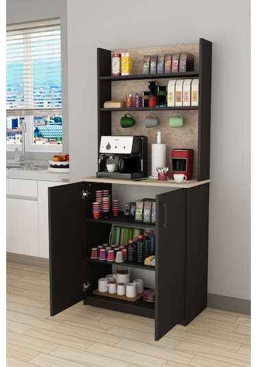 %100 Mdflam Kahve Köşesi Çok Amaçlı Mutfak Dolabı Kahve01 Antrasit - Sidon Antrasit - Sidon