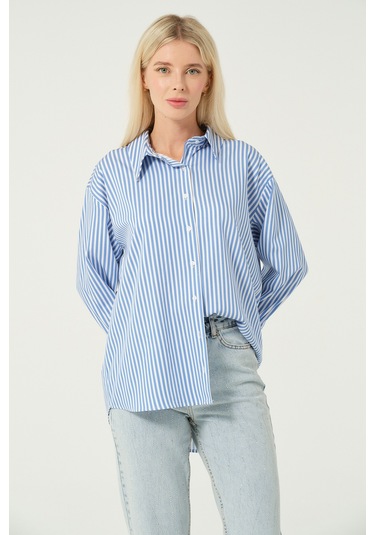 Basic Oversize Çizgili Gömlek Buz Mavisi