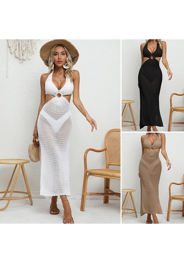 Bağlama İpli Derin V Yaka Örgü Boyundan Bağlamalı Tunik Uzun Plaj Elbisesi Siyah