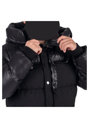 Erkek Çocuk Önü Çift Kapak Cepli Kapüşonu Çıkabilen İçi Peluş Astarlı Siyah Renk Mont Siyah