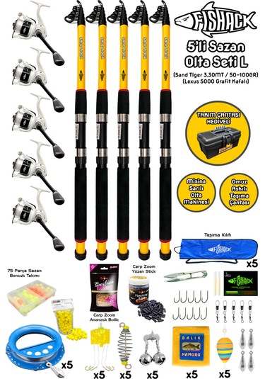 Tam Takım Sazan Olta Seti - 5'li Set - L - 3.30mt/50-100gr