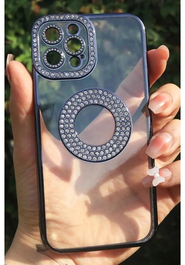 iPhone Uyumlu 13 Pro Kılıf Kamera Korumalı Taş Süslemeli Arkası Şeffaf Redclick Asya Kapak - Siyah