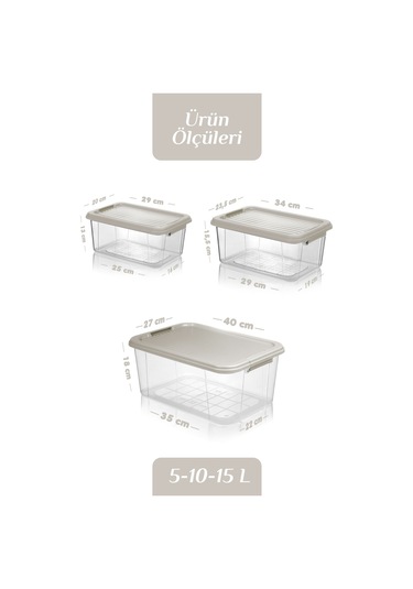 3'lü Organizer Box 5-10-15l Saklama Kabı - Çok Amaçlı Düzenleyici Kilit Kapak Derin Saklama Kutusu Bej