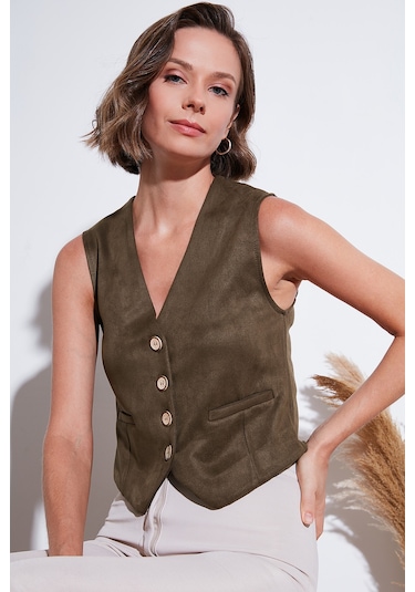 Lela Fitted Scuba Süet V Yaka Düğmeli Bayan Yelek 5865576 Haki