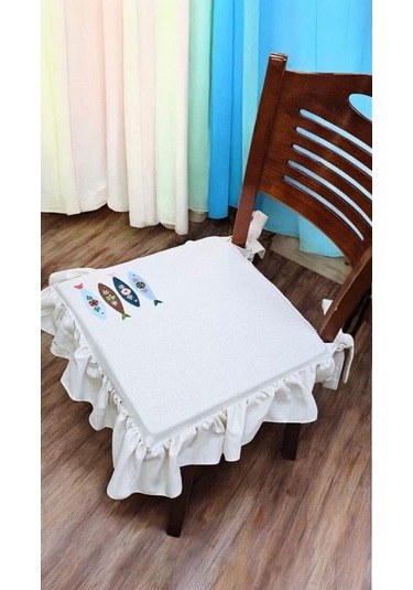 El Yapımı Buldan Yıkanmıs Keten Balık Nakıslı Fırfırlı Sandalye Minderi Naturel