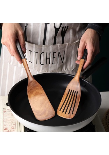 Kangvka 2 Parça Sağlıklı Ahşap Mutfak Spatula Seti - Yuvarlanabilir Ve Delikli, Teflon Tencere Uyumlu, Dayanıklı Ahşap Kürdan Siyah