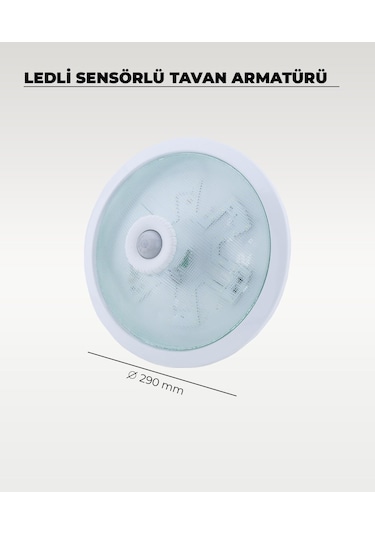 18w Ledli Sensörlü Tavan Armatürü 6500k Beyaz Işık - Cam / Metal Beyaz
