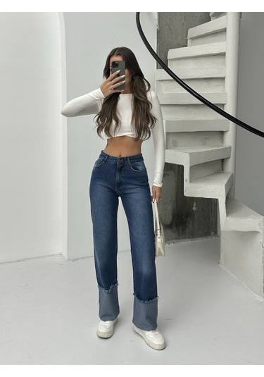 Kadın Ters Paça Püskül İşlemli Bol Paça Kot Pantolon Lacivert