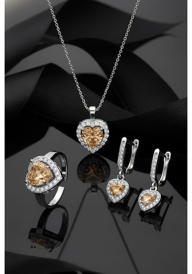 925 Ayar Sitrin Taşlı Rodyum Pırlanta Işıltılı Kalp 3'lü Gümüş Set-takım Ayarlanabilir Gümüş