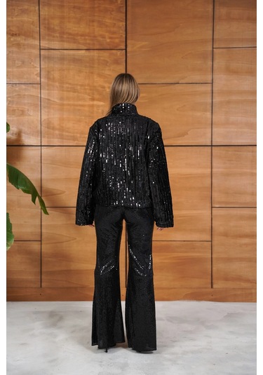 Cemo Full Pul Payetli Siyah Fermuarlı Bomber Ceket Siyah