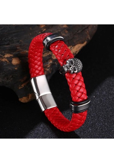Erkek Örgülü Deri Kurukafa Bileklik Paslanmaz Çelik Erkek Bilezikleri Parti Takıları Hediye Punk Bileklik Kırmızı
