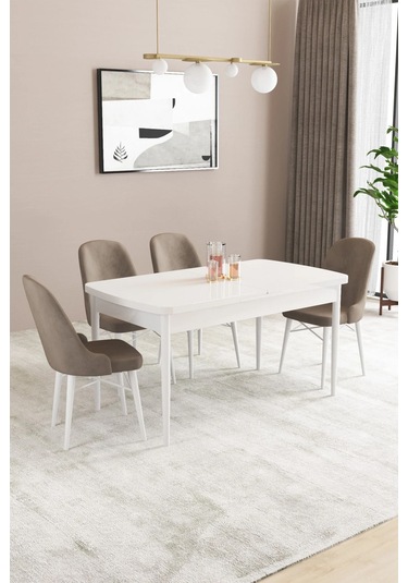 Sar Pakete Almira Serisi, Beyaz 80x132 Açılabilir Mdf Mutfak Masası Takımı 4 Adet Sandalye Cappucino