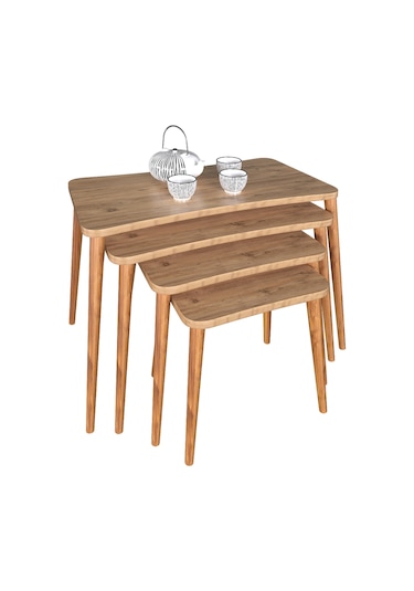 Selena 4lü Zigon Sehpa Ahşap Ayaklı Salon Seti Çay Sehpası Çam