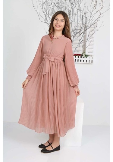 Kız Çocuk Uzun Boydan Pliseli Şifon Elbise Pudra