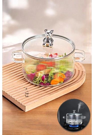 Madamev Cam Tencere Ayıcık Figürlü Minimalist Borosilikat Isıya Dayanıklı Ocaküstü Tencere 1500ml Şeffaf Çizgili