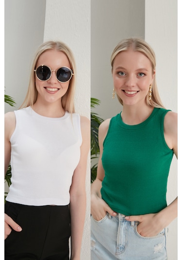 Catspy Kadın Halter Yaka 2'li Crop Bluz Atlet Beyaz - Yeşil