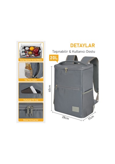 Haegs Termal Sırt Çantası Yalıtımlı Termos Soğutucu Çanta, Erkek Kadın Buzluk Çanta Soğutucu, Kamp Plaj Balıkçılık Öğle Yemeği Piknik Beslenme Yemek Taşıma Çantası Duman Gri