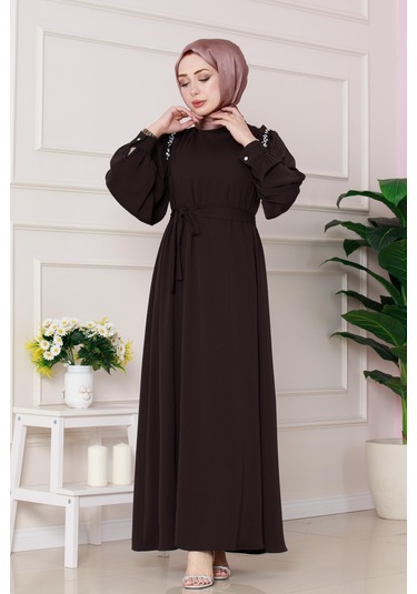 Omuzu Taş Detaylı Rose Elbise-kahverengi-4774 Kahverengi