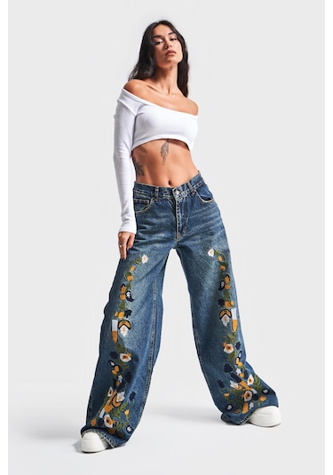 Itsbasic Kadın T.kot Rengi Nakışlı Tasarım Palazzo Fit Denim Jean Kırmızı