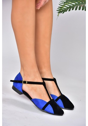 Fox Shoes B726881802 Saks Mavi-Siyah Süet Kadın Babet Saks Mavisi - Siyah