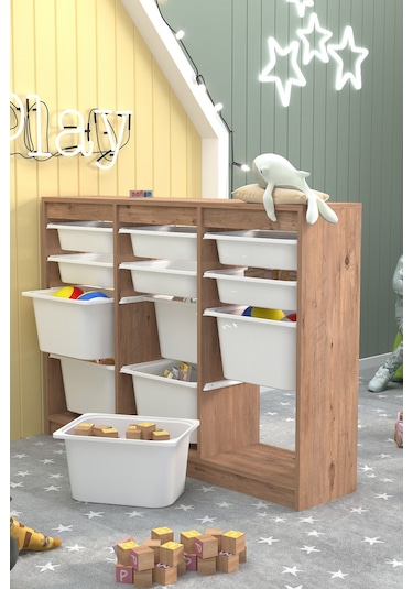 12 Sepetli Dolap Çok Amaçlı Dolap Oyuncak Dolabı Lara Çam Kahverengi
