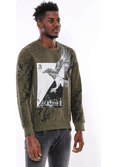 Wessi Yeşil Baskılı Taşlı Bisiklet Yaka Sweatshirt Yeşil