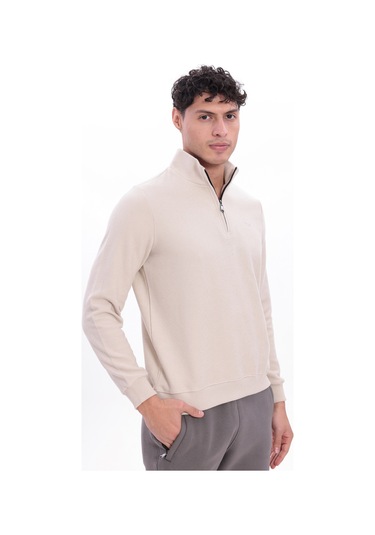 Rowinger Yarım Fermuarlı Dik Yaka Selanik Örme Erkek Sweatshirt Beıge