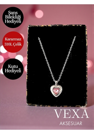 Amora Kalp Model Taşlı Kararmaz 316l İthal Çelik Kolye - Kutu Ve Şans Bilekliği Hediye Pembe