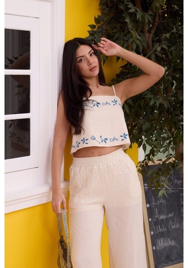 Yaz Desenleri İnce Askı Bluz Pantolon 2li Bohem Takım Beyaz