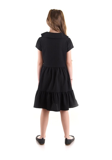 Ahengim Kız Çocuk Düğmeli Yaka Nakışlı Elbise Trend Pamuklu Pamuklu Ak2523 Siyah