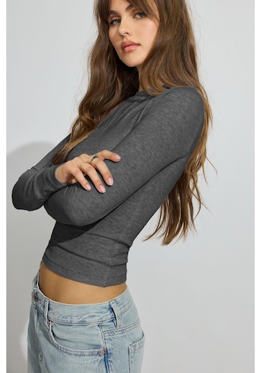 Madmext Füme Bisiklet Yaka Slim Fit Kadın Body Mg2564 Füme