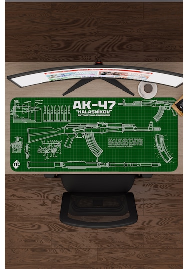 Ak 47 Siyah Kalaşnikov Cs Dikişli Kauçuk Oyuncu Mousepad - 90x40 Gaming Mouse Pad Ak-47 Yeşil