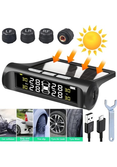 Boatshop1 Kablosuz Güneş Enerjili Tpms Lcd Lastik Basınç İzleme Sistemi 4 Tekerlekli Harici Sensör Otomobil Suv Minibüs