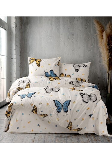 Ranforce Light Kelebek Çift Kişilik Nevresim Takımı Beyaz - Mavi - Hardal