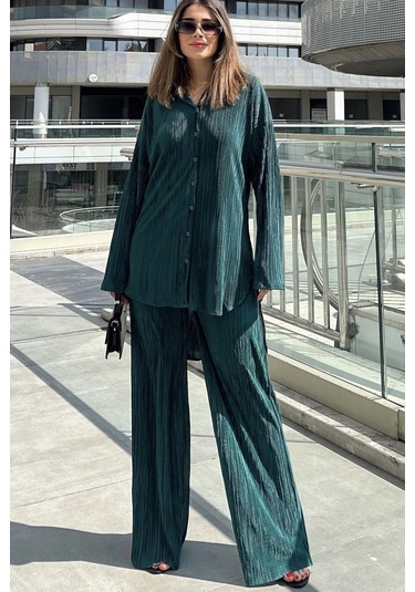 Kadın Zümrüt Yeşil Uzun Tunik Gömlek & Beli Lastikli, Bol Paça Pantolon - Salaş Bürümcük Takım Zümrüt Yeşili