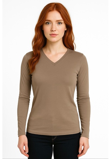 Axxel Kadın Toprak Rengi Uzun Kollu Unisex Kalıp T-shirt-d236-k Toprak