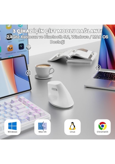 İ300 Kablosuz Ergonomik Dikey Mouse- 84gr-sessiz Tıklama- 57 Açı-16.000 Dpı Diğer
