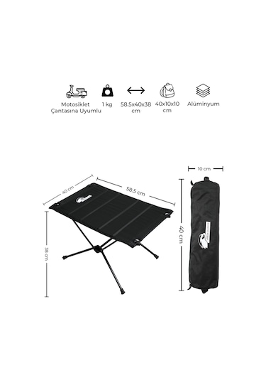 Urban Badger Gaia Teleskopik Ayaklı Katlanır Kumaş Kamp Masası, Motosiklet Çantası Uyumlu Siyah