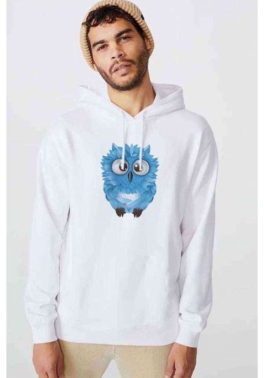 Mavi Sevimli Baykuş Baskılı Beyaz Erkek Sweatshirt (534784804)