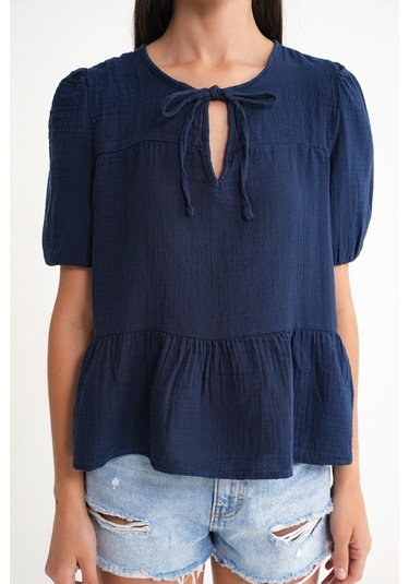 4715 Kadın Yakası Bağlamalı Kısa Kol Müslin Bluz Lacivert Lacivert