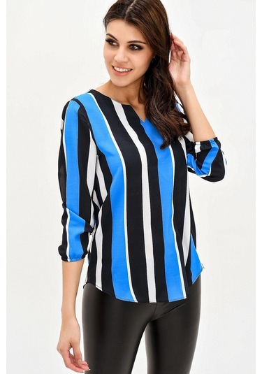 Kadın Siyah & Mavi Yakası Yırtmaçlı Çizgili Krep Bluz Truvakar Kol Kaliteli Dokulu Kumaş Siyah - Saks Mavi