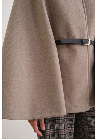 4768 Kadın Kemerli Panço Premium Kaşe Ceket Vizon VIZON