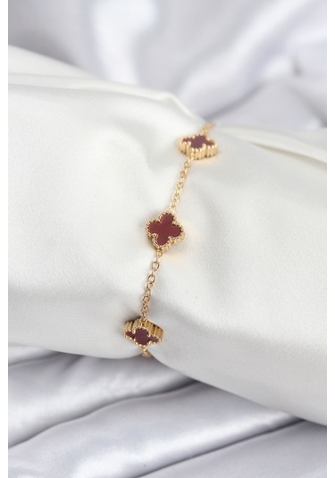 316l Çelik Gold Renk Bordo Baby Boy Yonca Kadın Bileklik Çok Renkli