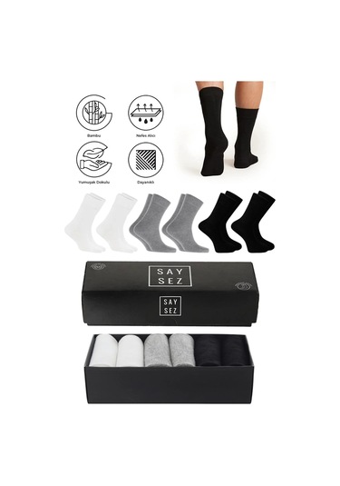 Bambu Erkek Soket Uzun Düz Siyah-beyaz-gri Renk Çorap Dikişsiz Premium Kutulu 6'lı / Hediyelik Beyaz - Gri - Siyah