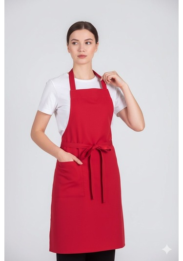 Kadın Boyundan Asmalı Barista Şef Mutfak Önlüğü 60x85 Cm Kırmızı