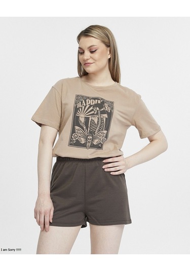 Bella Dossi Pamuklu Kısa Kollu Baskılı Kadın Şortlu Yazlık Pijama Takımı Bej