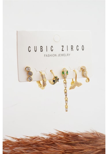 Kadın Kararmaz Altın Kaplama Yılan Detaylı 6'Lı Zirkon Set Küpe Altın-M