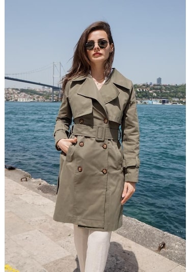 Pastelastore %100 Pamuk Gabardin Midi 95cm Astarlı Kemerli Kadın Trençkot 1113 Haki