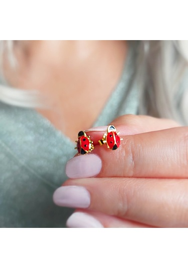 925 Ayar Gümüş Kırmızı Uğur Böceği Küpe Gold