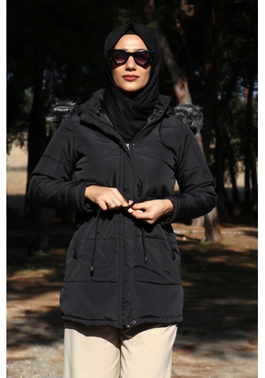 Toridas Kışlık Yaka Kürklü Uzun Kadın Şişme Tesettür Mont Bt122siyahtesettür 001